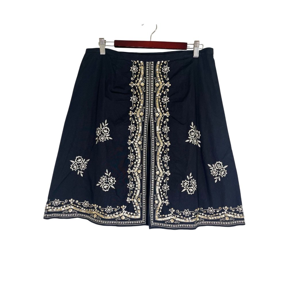 Neutral Floral Beaded Skirt 12 Black Sequin Boho Indie Folk Resort Preppy Chic